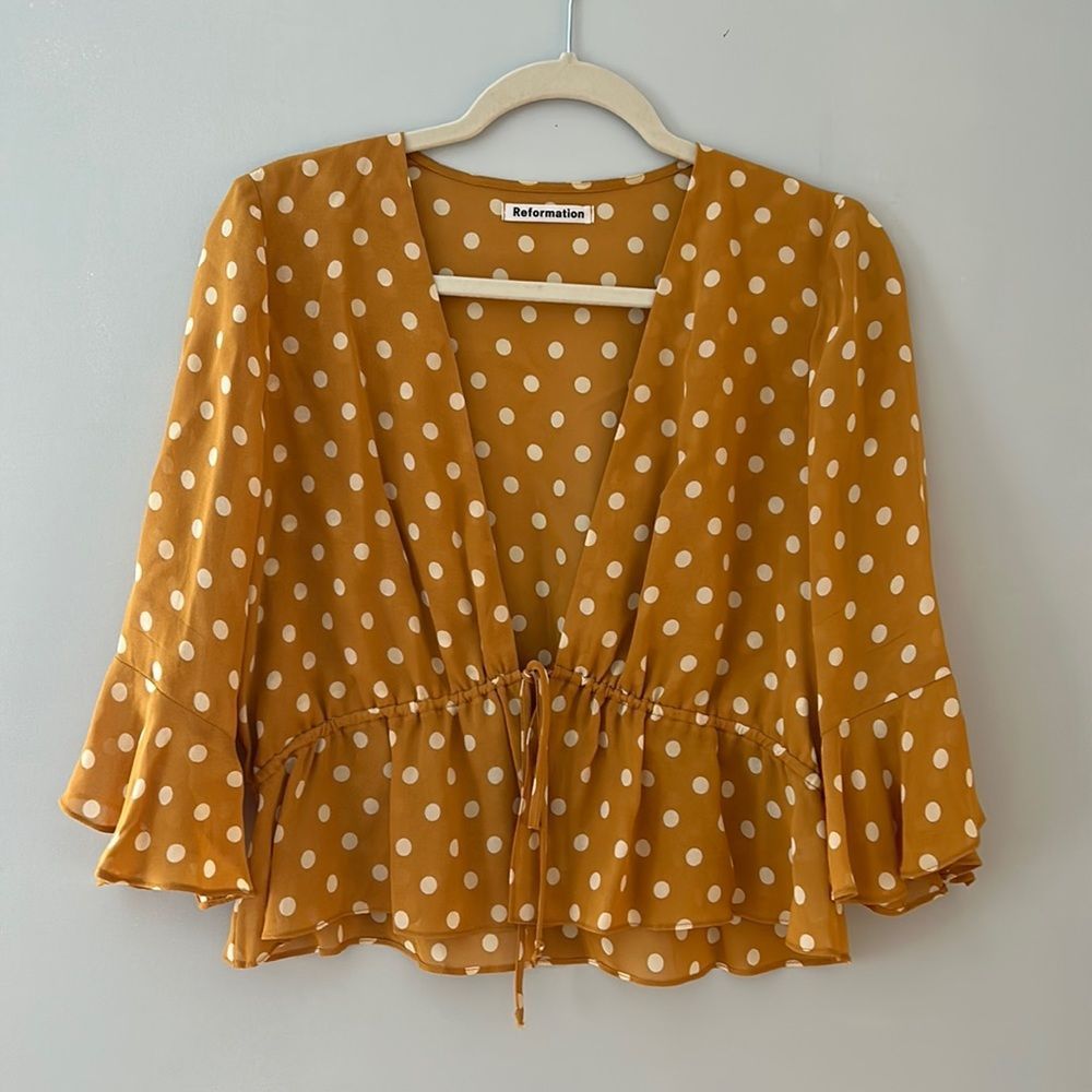 Reformation Mustard Polka Dot Peplum Blouse